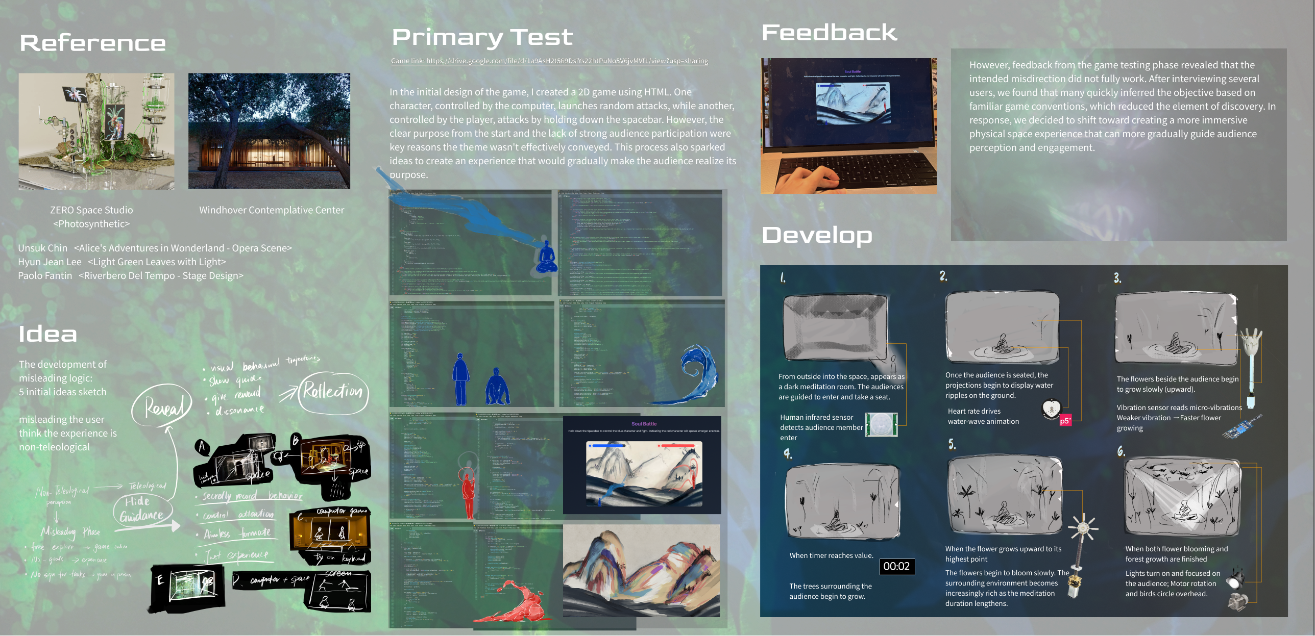 Process — references, storyboards, game testing, six-phase installation flow